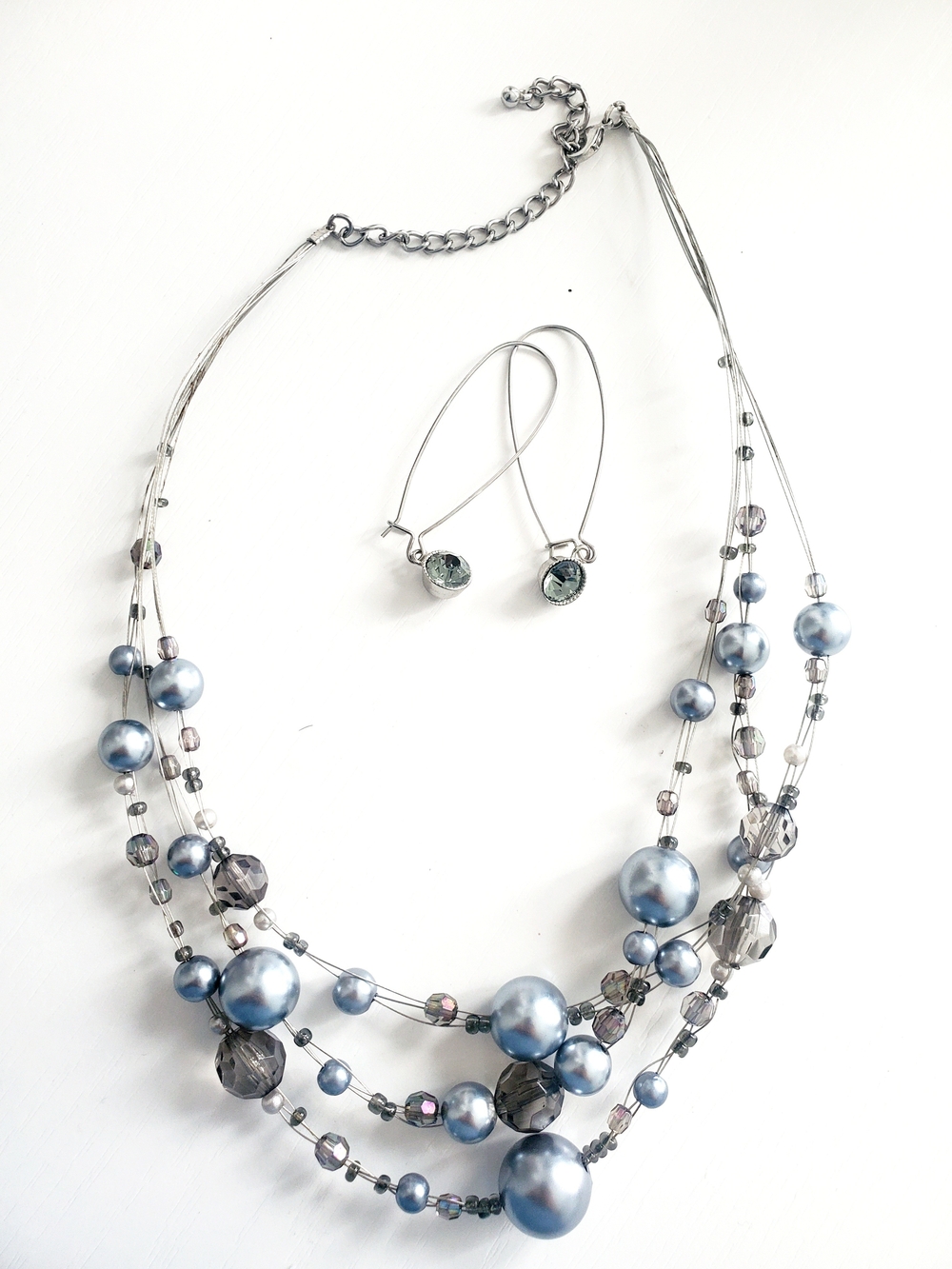 Silver-Tone Multi-Strand Blue Gray Pearl Necklace and Earrings Set